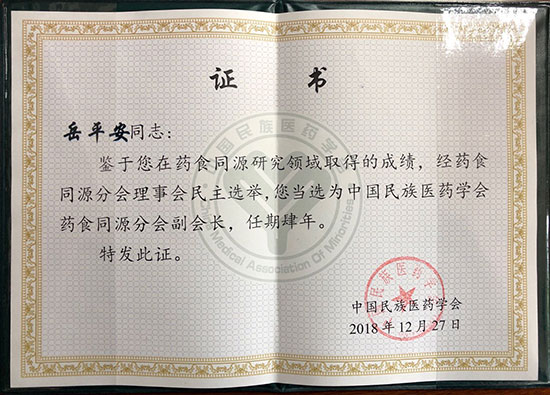 喜訊！恭喜岳平安董事長榮獲“中國民族醫(yī)藥學(xué)會藥食同源分會副會長”